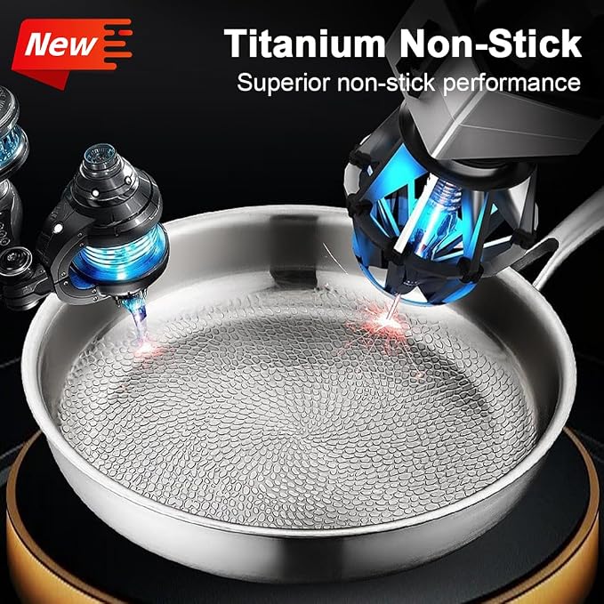 Titanium Frying Pan with Lid, 26cm Professional Stainless Steel Skillet, Nonstick Honeycomb Surface, Oven & Dishwasher Safe