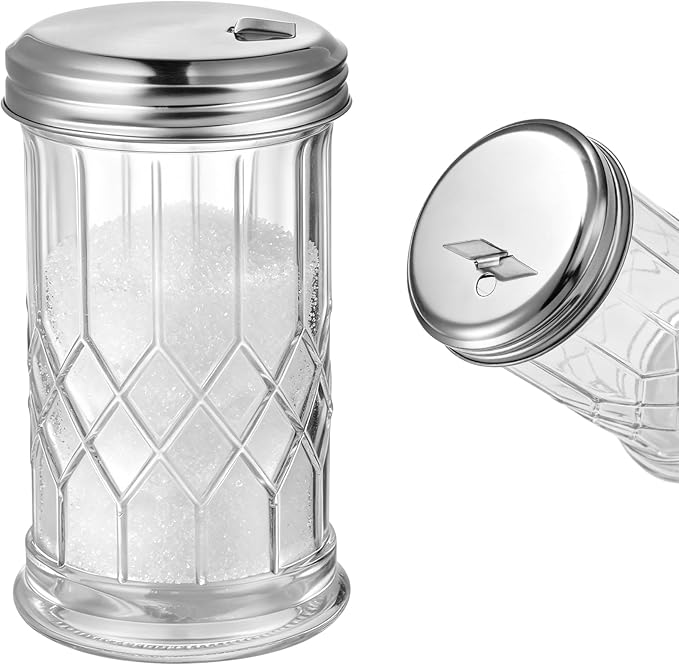 12oz Glass Sugar Jar, Glass Jar with Stainless Steel Lid | Sugar Container Sugar Dispenser with Pour Spout, Salt, Pepper, Parmesan, Cinnamon, & Spices,，for Coffee Bar or Counter