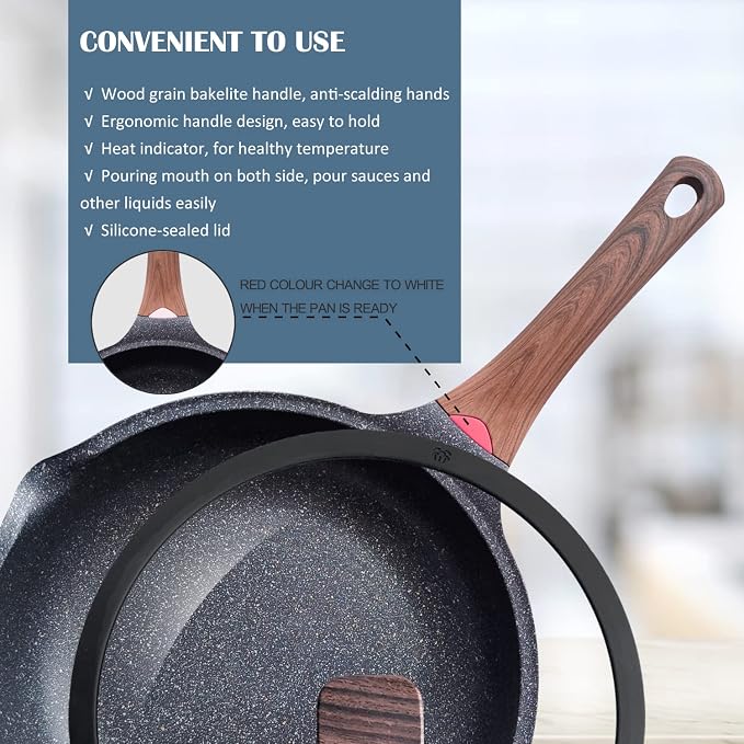 Vinchef Nonstick Deep Frying Pan Saute Pan with Lid, 12in/5.5Qt Fry Pan, German 3C+ Ceramic Coating Technology, Heat Indicator, Induction Compatible | Black German 3C+ toxin-free ceramic PFOA-free. Induction/gas compatible. Heat indicator handle. Light...