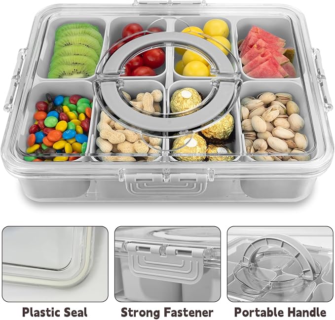Divided Serving Tray with Lid and Handle,8 Compartments Snacks Box,Snack Fruit and Veggie Tray,Portable Platter for Candy Fruits Nuts Snack Party Entertaining Picnic (2 PCS Grey)