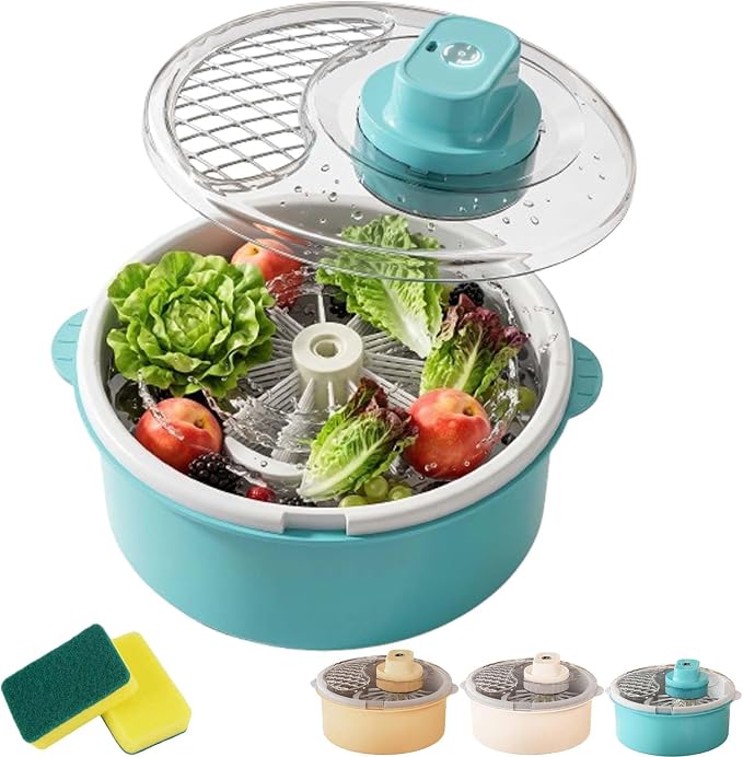Electric Fruit Washer Vegetable Cleaner Spinner Bowl Lettuce Dryer,Salad Spinner and Produce Washer, Multifunctional Vegetable Dryer with Non-Slip Base ruit and Veggie Cleaner for Kitchen (Blue)