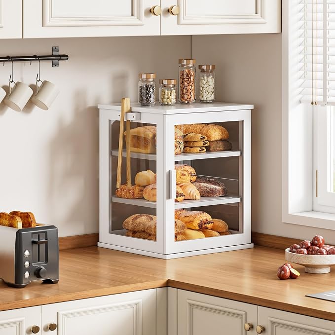 WOWLIVE Bread Box for Kitchen Countertop, 3 Layers Bread Storage Container | Large Bamboo Bread Bin for Homemade Bread with Window, Farmhouse Breadbox Organizer for Kitchen, Cabinet, White, Extra Large