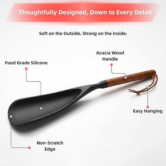 2-Pack Silicone Spoonula with Wooden Handle, BPA-Free Spatula Spoon for Nonstick Cookware, Heat Resistant Cooking Spoon for Mixing, Scraping, Scooping and Serving(Black&White)