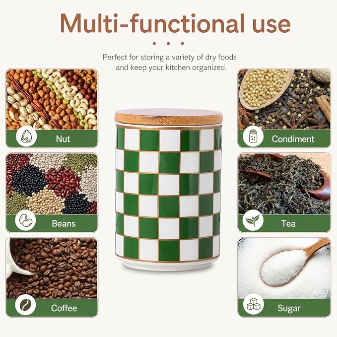 Kitchen Countertop Ceramic Checkered Canisters,Black And White Food Storage Containers With Lid,Airtight Kitchen Canisters for Flour, Sugar, Coffee, Tea, and Dry Goods (Green, Small)