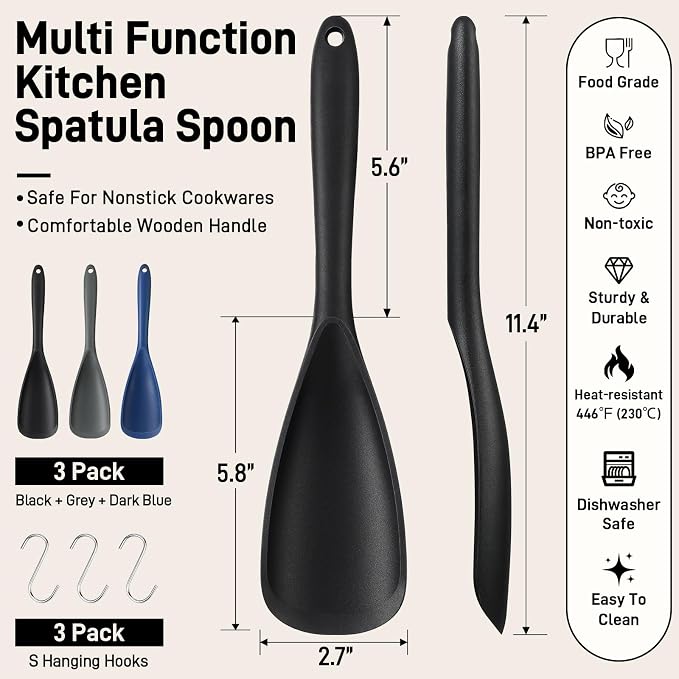 3 PACK Silicone Cooking Spatula & Spoon for Nonstick Cookware, BPA-Free | Multifunction Spoonula for Baking, Cooking, Serving, Mixing, Stirring, Scoop, Scrape - One-Piece Formed, Dishwasher Safe