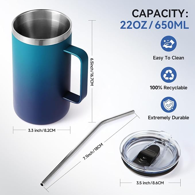 Volhoply 22oz Insulated Stainless Steel Coffee Mugs with Leakproof Lid Bulk 2 Pack,Double Wall Vacuum Travel Coffee Cup with Handle,Reusable Metal Tumbler,Camping Mug Keep Hot&Cold(Dark Night,2)