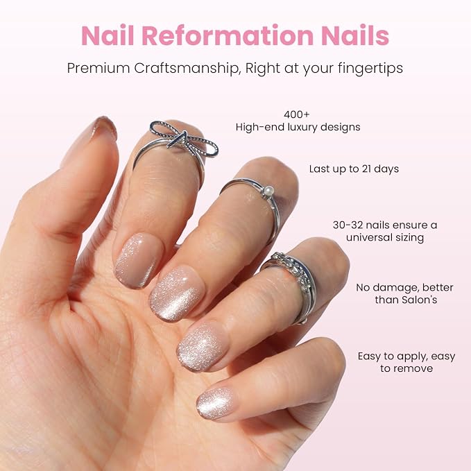 Nail Reformation Press On Nails, Shimmer Bright | Short Square Fake Nails | Brown French Tip on Neutral Base in Velvet Finish, Reusable Stick On Nails in 15 Sizes - 30 False Nail Kit for Women Gifts