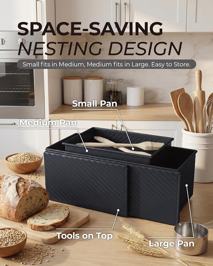 CARTMAN 3-Piece Pullman Loaf Pan with Lid, 2.2/1/0.8 LB Bread Pan, Black | Includes 2.2/1/0.8 LB sizes & silicone tools, bottom vents, nonstick carbon steel, nesting storage, for bread & brownies