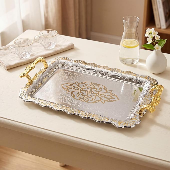 3 Pack Metal Serving Trays with Handles, Decorative Floral Platter Trays for Coffee Tea, Food, Dessert, Jewelry, for Buffet Wedding Party Kitchen Home Decor(Classic,Silver, Gold)