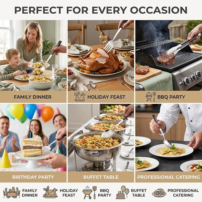 Stainless Steel Metal Serving Utensils Set | of Serving Spoons,Slotted Spoons,and Serving Tongs,serving fork,cake server,for Buffet,Soup,Rice,Commercial & Home Kitchen