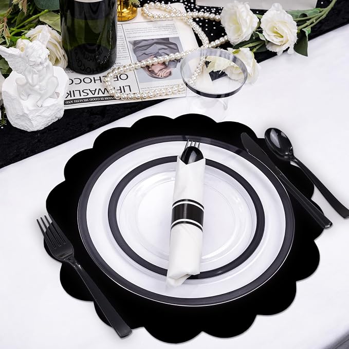 50 Pcs Black Paper Placemats Disposable, 13.5 Inch Disposable Scalloped Placemat for Birthday Wedding Baby Shower Banquet Tea Party
