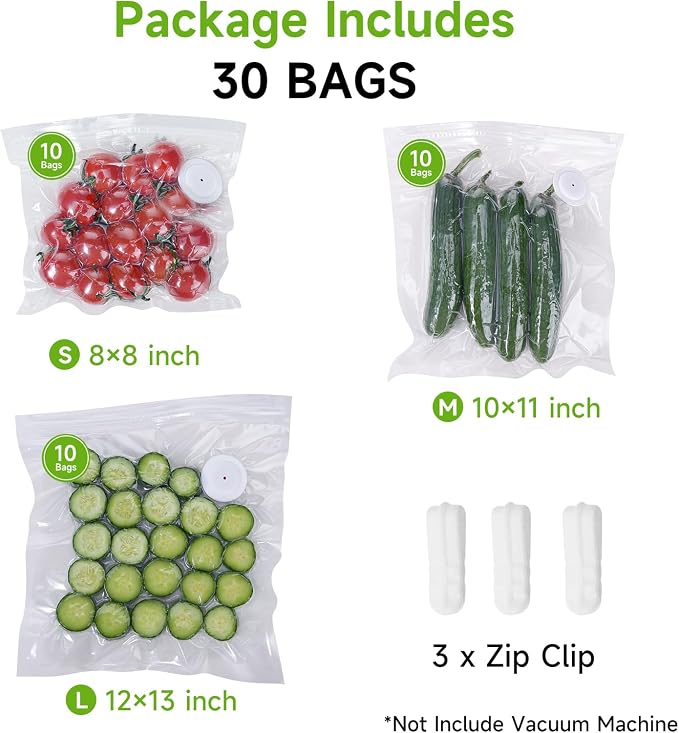 Vixino Vacuum Sealer Bags for Food, 30 Reusable BPA-Free Vacuum Seal Bags | Resealable Sous Vide Bags, Works with Handheld Vacuum Sealer and Vacuum Sealer Machine with External Interface