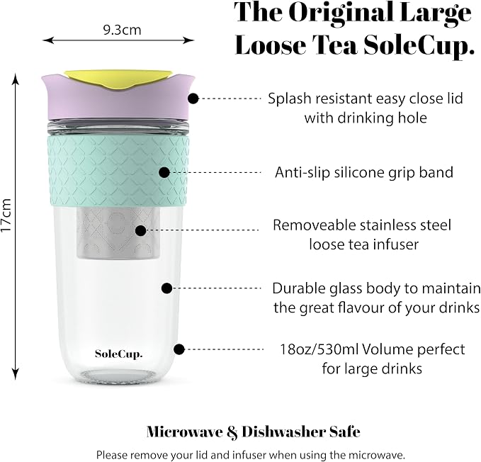 Large Travel Mug Loose Tea Infuser - Detachable Tea Strainer with Spill Proof Lid - 18oz/530ml BPA-Free Reusable Glass Travel Coffee Cup with Silicone Band (Ice Cream, 18oz)