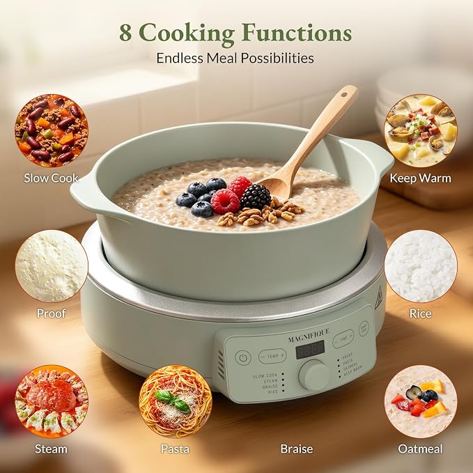 MAGNIFIQUE Slow Cooker, 4.5 Quart 8-in-1 Clay Pot Multi-Cooker, Non-Toxic Slow Cooker with Removable Clay Pot, for Rice, Pasta, Steam & Proof, Nonstick, Oven Safe Pot to 500°F, Olive