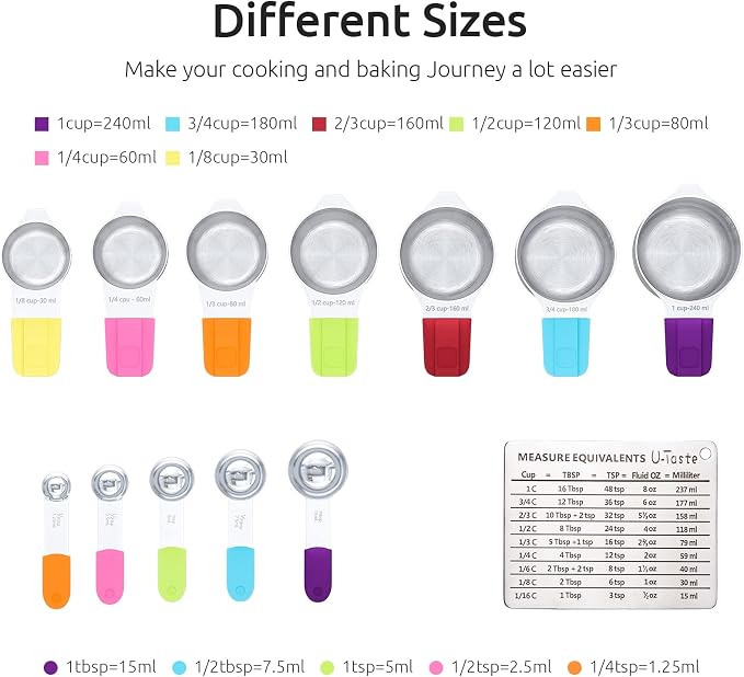 Measuring Cups, U-Taste Magnetic Measuring Cups and Spoons Set of 13 in 18/8 Stainless Steel: 7 Measuring Cups and 5 Measuring Spoons with 1 Professional Magnetic Measurement Conversion Chart | Heavy Duty Magnetic Measuring Cups, Measure Spoon All in O...