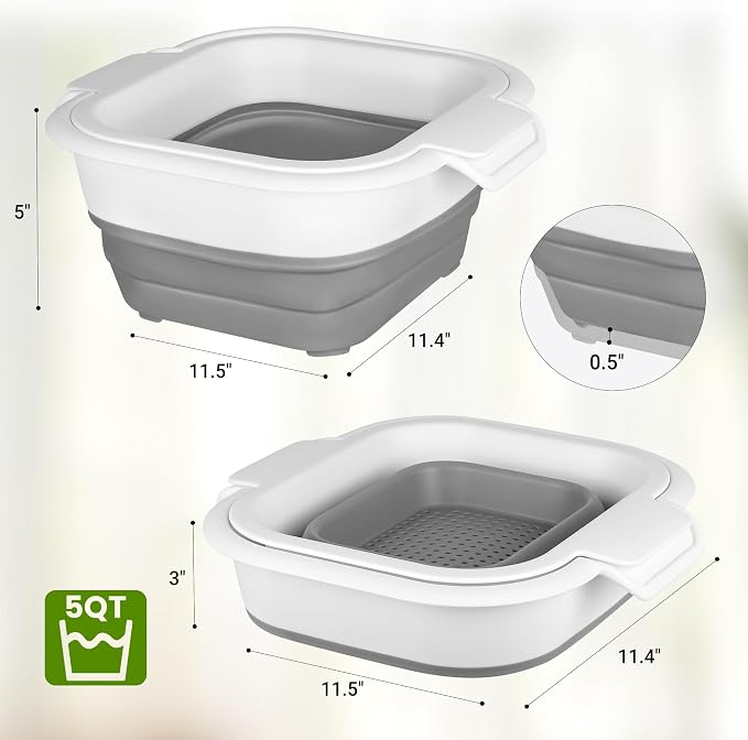 ROTTOGOON Collapsible Colander Set with Strainer Bowl, 2 in 1 Fruit Washing Basket with Strainer, 5 + 3 QT Plastic Colanders for Kitchen, Foldable Double Layered Colanders Bowl for Vegetable, Grey