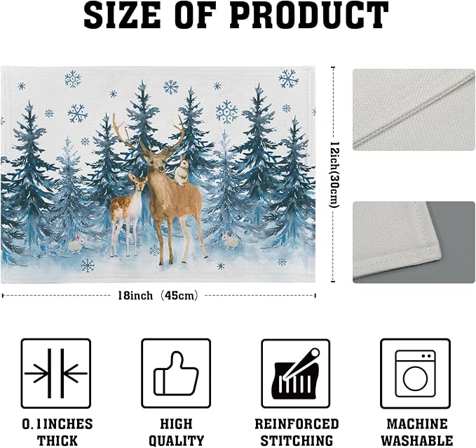 Watercolor Forest Reindeer Placemats Set of 4 - Blue Pine Tree Winter Snowflakes Non-Slip Washable Cloth Place Mats 12 x 18 Inch Reusable Table Mats for Kitchen Dining Holiday Decoration