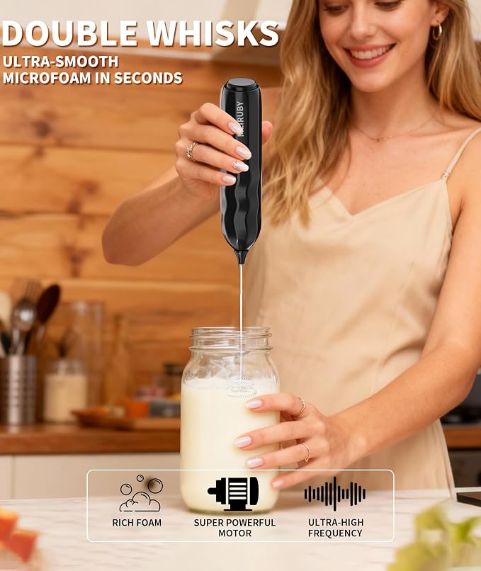 2-Pack Milk Frother Handheld with Stand, Valentines Day Gifts for Him and Her, Powerful Electric Coffee Frother, Coffee Lover Gift for Lattes, Cappuccino, Matcha & Hot Chocolate, Black/Pink