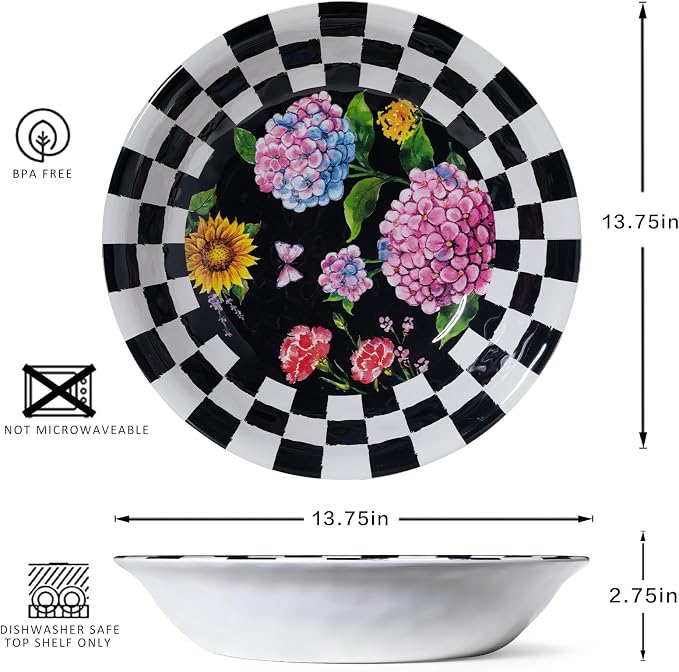 LEHAHA Melamine Large Serving Bowls, Set of 2, Sunflower 13.75" x 2.75" (130 OZ) Pasta and Salad Bowl, Black Plaid Durable for Kitchen, Dishwasher Safe