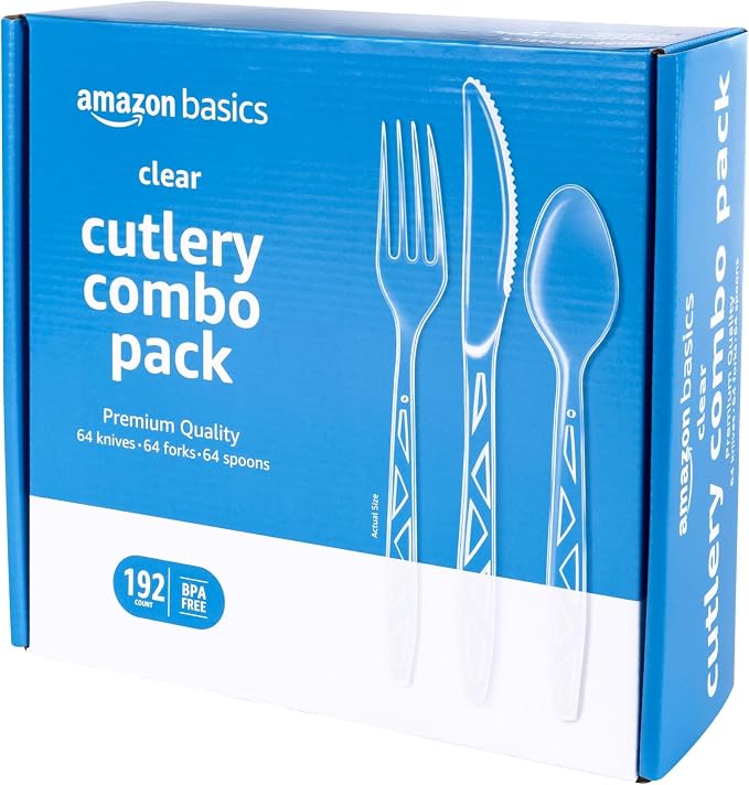 Amazon Basics Disposable Clear Plastic Cutlery Set, Premium Quality, Strong, 192 Count, Large Combo Pack Forks, Spoons and Knives (Pack of 6)