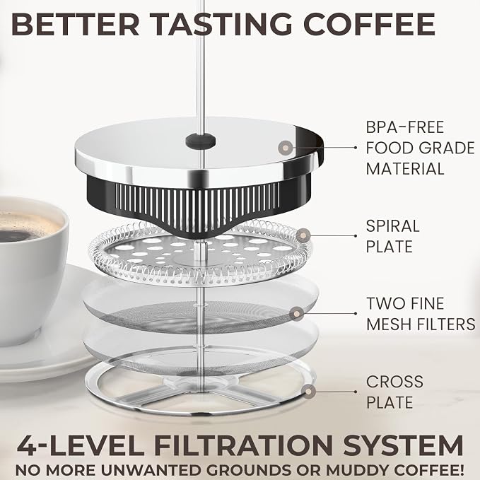 Cafe Du Chateau French Press Coffee Maker, 34 oz Glass, Stainless Steel | Easy Brew, Durable Clear Glass, 4-level Filtration, 34 oz Capacity, Coffee Press for Camping, Tea Brewer, BPA-Free Materials