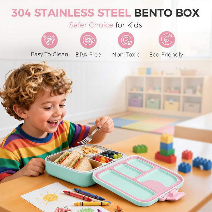 Kids Stainless Steel Bento Lunch Box, 4 Compartments | Leak-Resistant 4 Cups Lunch Container for Ages 4+ with Easy-Open Latch, Removable Seal & Meal Feedback Icon