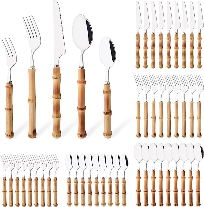 50PCS Silverware Set for 10, Bamboo Handle Flatware Set, Stainless Steel Cutlery Set for Home Restaurant and Party, Bamboo Forks Spoons and Knives Set, Polished Tableware