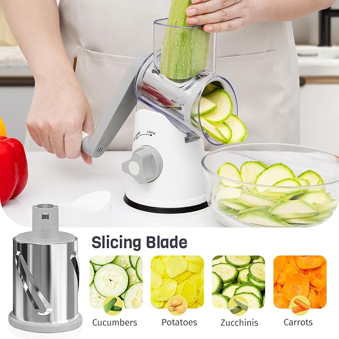 Rotary Cheese Grater Hand Crank, 3 Blades Slicer Shredder, Cheese Grater for Kitchen, Multi-Functional Kitchen Tool for Vegetables, Nuts, Chocolate, with Strong Suction Base, White
