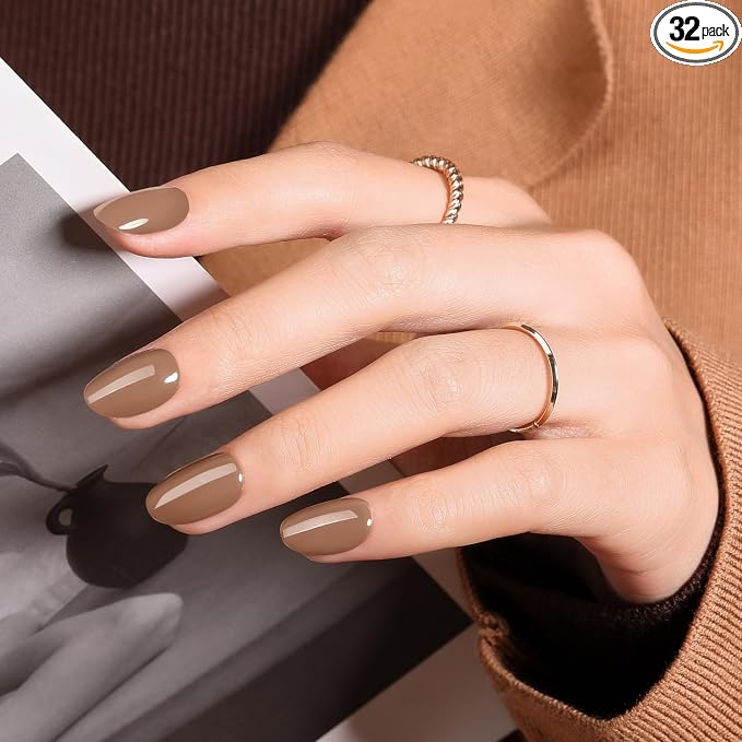 modelones Brown Press on Nails Short, Oval Fake Nails Kit Nails Press Ons | with Nail Glue, Adhesive Tabs, Nail File, Prep Pad, Manicure Stick, 32Pcs 16 Sizes