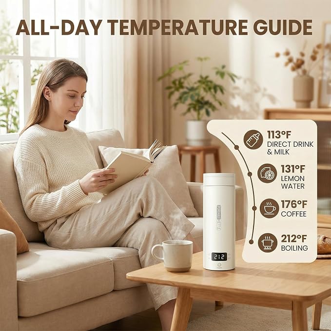 Travel Tea Kettle（120V）, Portable Electric Kettle, 316 Stainless Steel Premium Liner, 4-speed Temperature Adjustment with Auto Shut-off and Boil-Off Protection,White.