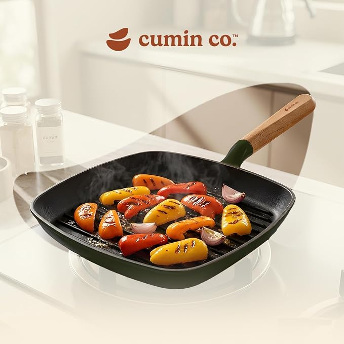 CUMIN CO. Enameled Cast Iron Grill Pan 10 Inch, 1.2 QT Grill Skillet – Non Toxic PFAS Free Cookware – 4 Layer Enamel Coating – Indoor Grill Pan for Steak, Chicken, Burgers & Vegetables (Green)