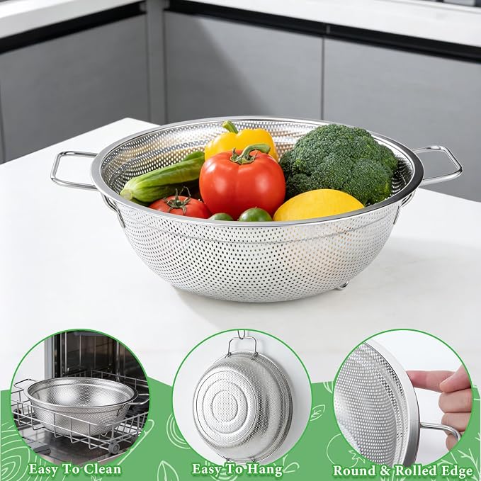 Stainless Steel Colander Set of 3, Micro-Perforated Metal Kitchen Strainer Set with Handles & Feet for Draining Pasta, Washing Rice, Vegetables - Heavy Duty 18/8 Steel (2, 3, 5 Quart)