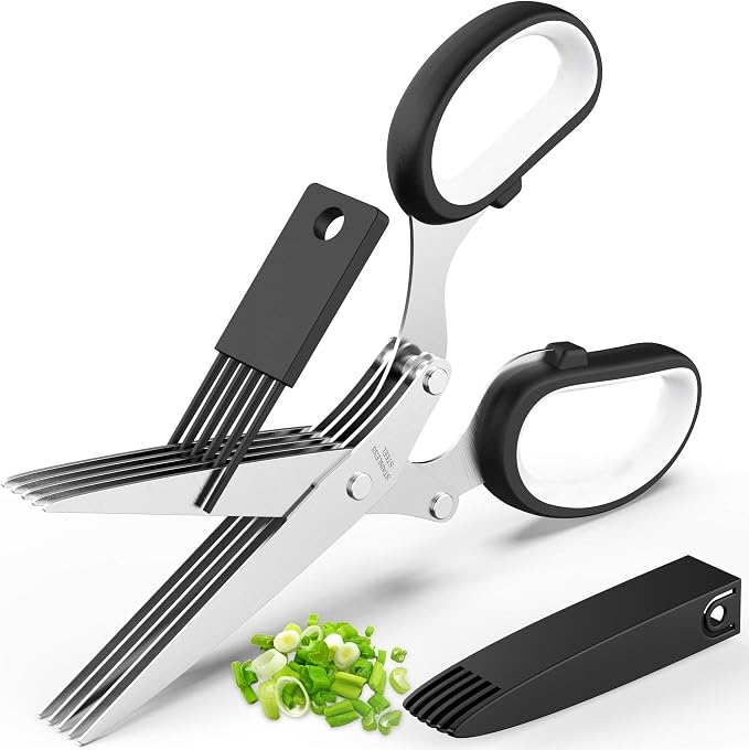 Herb Scissors with 5 Blades and Cover, Kitchen Herb Cutter with Cleaning Comb, Stainless Steel Multi Blade Herb Shears for Basil Parsley Cilantro, Easy Clean Cooking Tool, Unique Kitchen Gadgets Gift