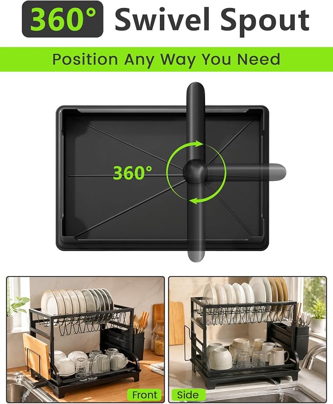 2-Tier Foldable Dish Drying Rack with Drainboard, Stainless Steel Large Capacity Kitchen Counter Organizer with Cup Holder, Utensil & Cutting Board Storage, No Assembly Required, Black