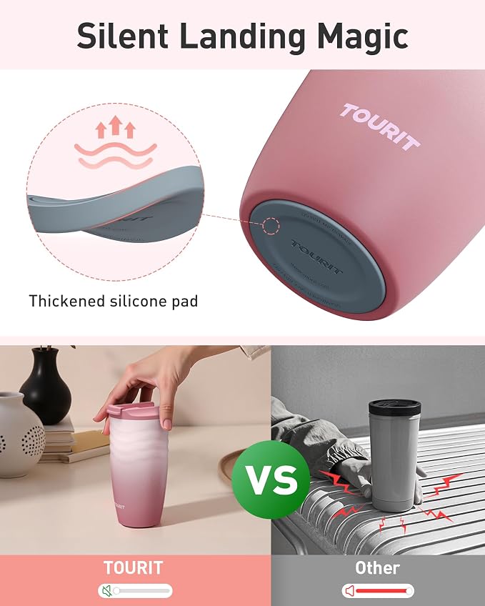 TOURIT 12 oz Travel Coffee Mug, Vacuum Insulated Stainless Steel Tumbler with Ripple-Wave Anti-Slip Grip, Built-in Silicone Bottom for Quiet & Stable, Leak-Proof Lid, Fits Car Cup Holder, Lilac