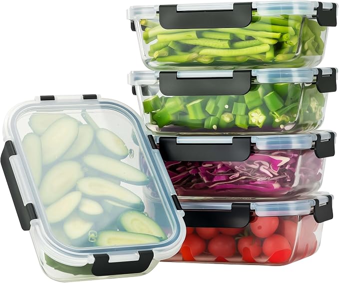 5-Piece Set, 36 oz Glass Food Storage Containers with Lids,Black | Glass Meal Prep Food Container Sets, Snap Airtight Lid, For Microwave, Oven, Freezer and Dishwasher, BPA Free