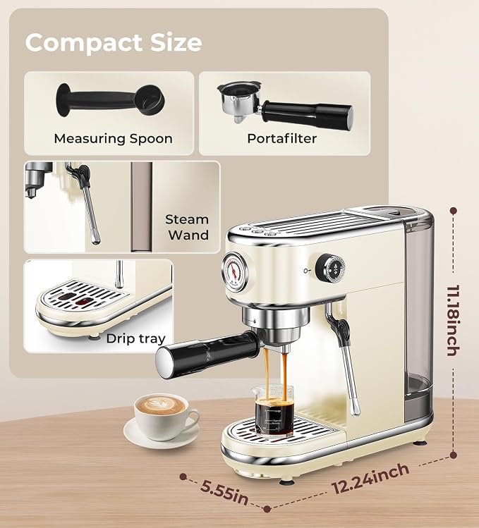 atatix 20 Bar Espresso Machine with Milk Frother, Compact Espresso Maker | Stainless Steel Coffee Machine with Precise Temp Control & 44oz Removable Water Tank for Latte, Cappuccino, Creamy White