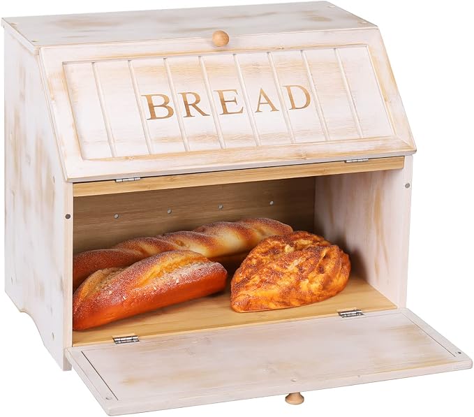 HOMEKOKO Vintage Double Layer Farmhouse Bread Box for Kitchen Counter,White | Keeps Bread Fresh 3-4 Days, 2-Tier Capacity Fits 2+ Loaves,Suitable For Farmhouse/Rustic Kitchens Use, Retro Design