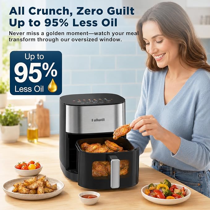 Fullwill 6QT Air Fryer, Viewing Window, Dual Heating, 2 Silicone Liners | 1700W Power; Touch Presets + DIY Mode; 392°F Max Heat; PFOA-Free Nonstick Basket; Dishwasher-Safe Parts
