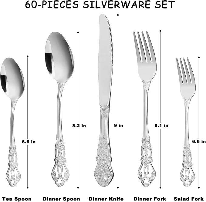 Silverware Set for 12, Stainless Steel Gorgeous Retro Royal Flatware Set, 60-Pieces Cutlery Tableware set, Kitchen utensils set Include Spoons And Forks Set, Mirror Finish, Dishwasher Safe