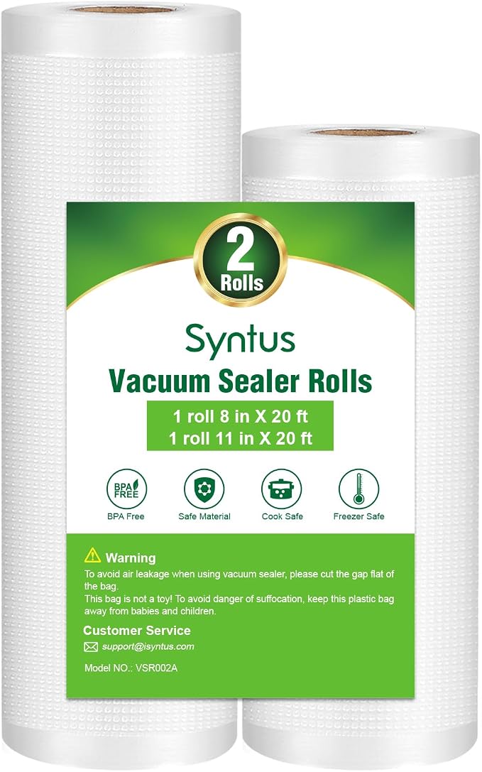 Syntus Vacuum Sealer Bag for Food, 1 Roll 11" x 20' and 1 Roll 8" x 20' | 2 Pack, BPA Free, Custom Size, Heave-duty, Durable, Sous Vide Cooking Freezer Microwave Safe, Works with All Vacuum Sealers