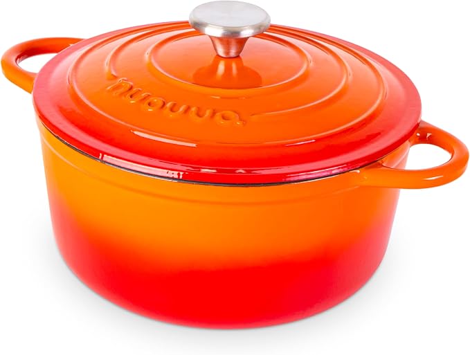 Cast Iron Pot with Lid-Non-Stick Ovenproof Enamelled Casserole Pot, Oven Safe up to 500° F-Sturdy Dutch Oven Cookware - Orange, 5-Quart, 24cm by- Nuovva