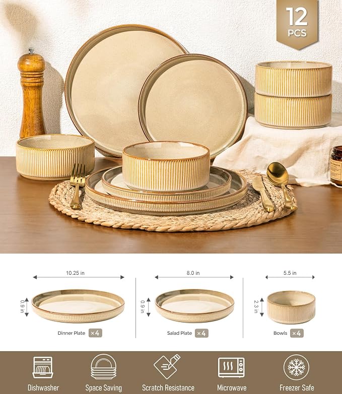 GBHOME Stoneware Dinnerware Sets for 4, 12-Piece Plates and Bowls Set | Handmade Reactive Glaze Ceramic Dish Set, Scratch Resistant, Dishwasher&Microwave Safe,Barley Latte
