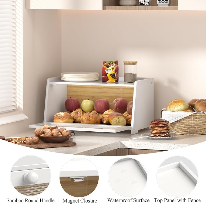 Bread Box for Kitchen Countertop, Vintage Wooden Counter Breadbox, Bamboo Bread Storage Container Bin for Homemade Bread, Small Farmhouse Corner Breadbox Organizer with Acrylic Window, White
