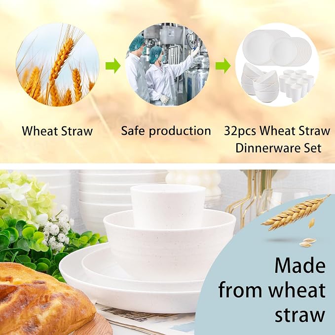 32pcs White Wheat Straw Dinnerware Set,Plates and Bowls Sets for 8 | Reusable Plastic Plates,White Plastic Dinnerware Set | Includes Disposable Plates bowls Cups for Camping,Picnic,Patio,Travel