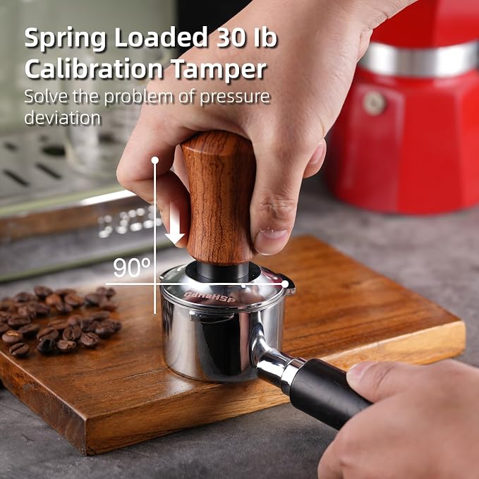 53.5mm Espresso Accessories Kit with Tamper, WDT Tool and Funnel | Rosewood spring-loaded espresso tamper and WDT tool espresso, 8 needles, aluminum dosing funnel, mat for 54mm Portafilter