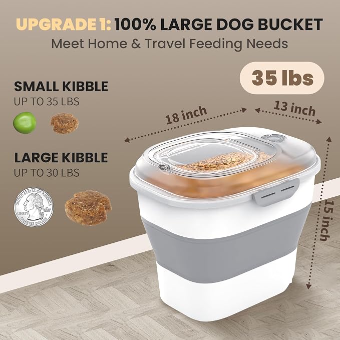 32-35 Lbs Dog Food Storage Container Wheels,Collapsible Dog Food Container | Pet Food Storage Container with Transparent Airtight Lid,Date Track,Keep Fresh for Rice,Flour,Sugar,Scoop and 2PCS Container