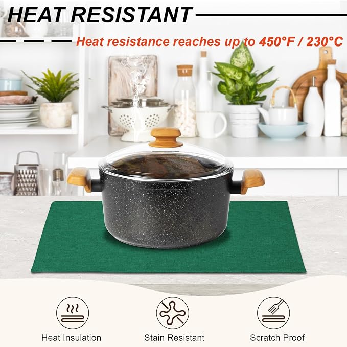 Cloth Placemats Set of 6, Cotton Linen Blend Place Mats, Green | Machine Washable, Double Layered, Heat Resistant, Fabric Dining Table Mats for Kitchen, Indoor & Outdoor, 13" x 19"