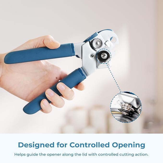 OOU Can Opener, Manual Stainless Steel Can Opener with Premium Zinc Alloy Construction, Large Turning Knob, Magnetic Lid Lifter and Ergonomic TPE Non-Slip Grip Handles, Blue