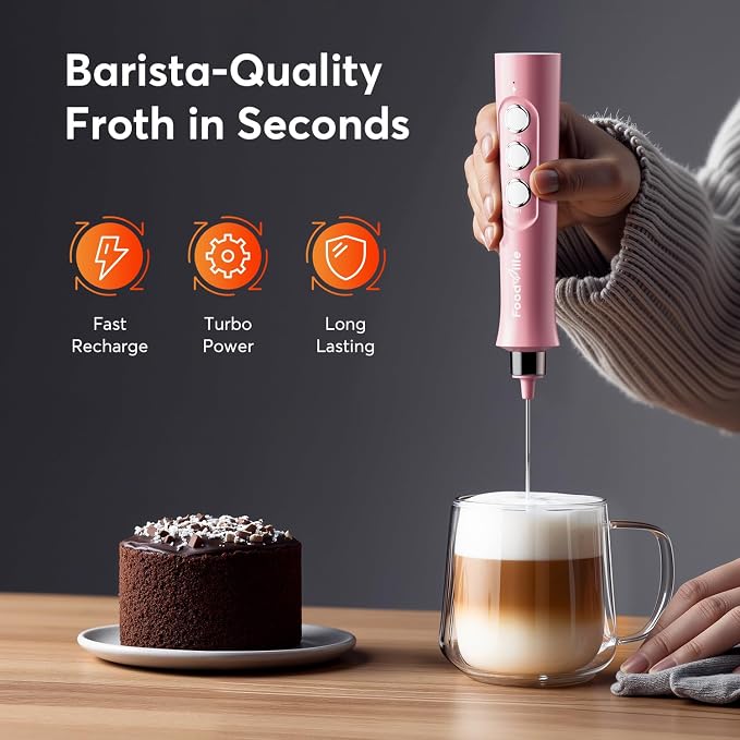 MF02 Rechargeable Milk Frother Handheld Foam Maker with Stainless Whisk for Cappuccino, Latte, Bulletproof Coffee, Keto Diet, Protein Powder, Matcha (Coral Pink)